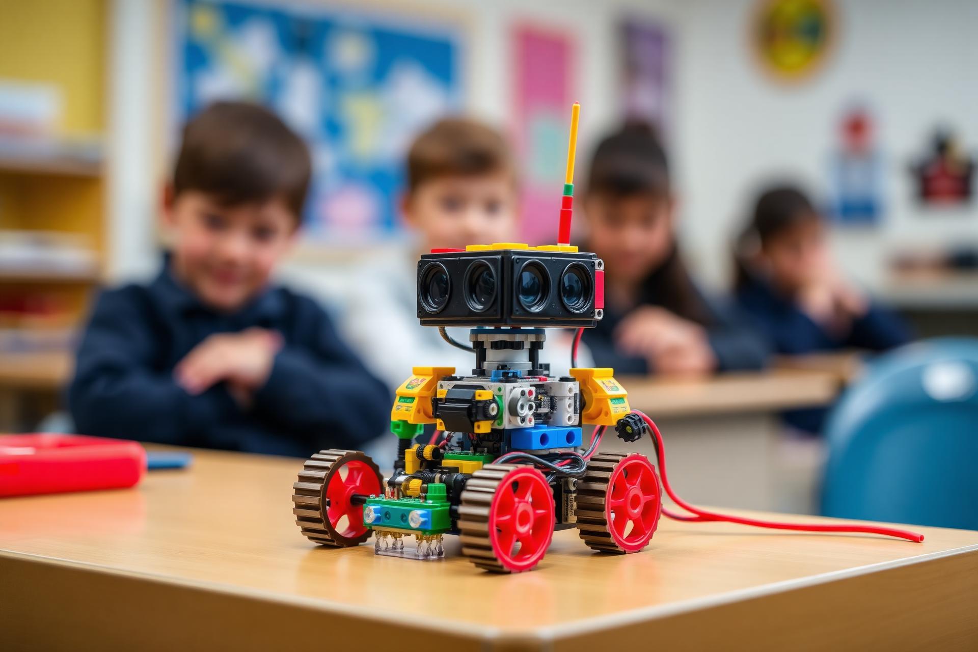 Students building a robot